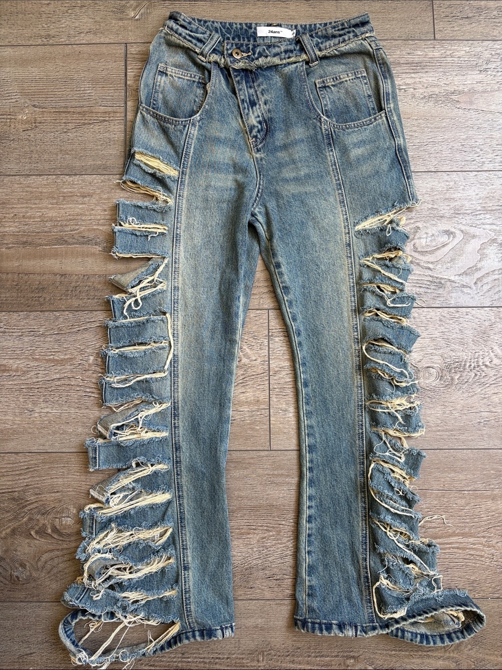 24ans Denim Womens Distressed Shredded High-rise Jeans w Side Button Fly Closure